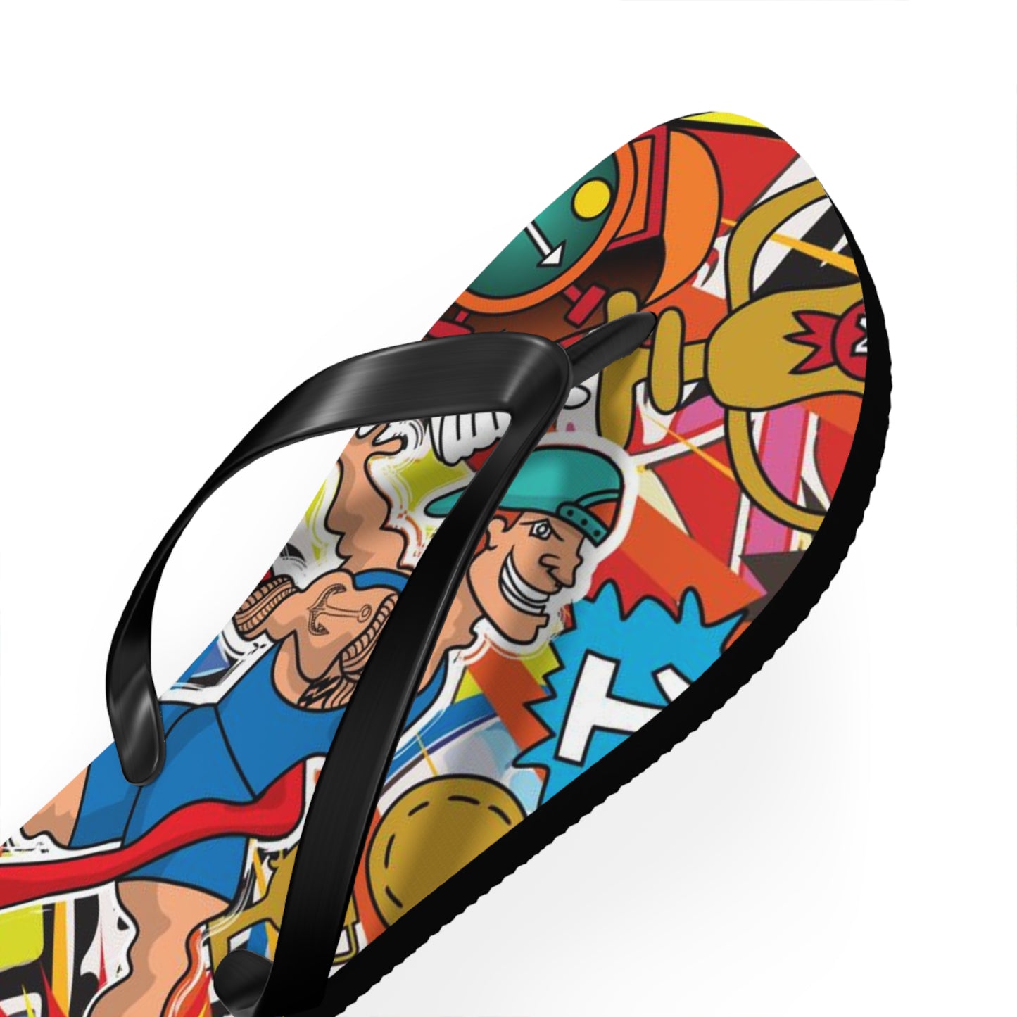 Colorful Macho Man Runner Finish Line Flip Flops | Whimsical Athletic Sandals