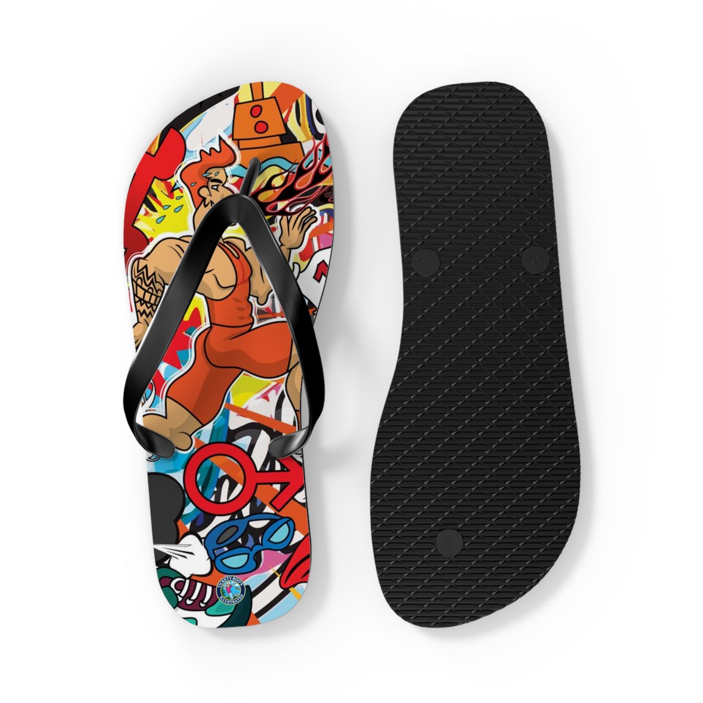 Colorful Macho Man Runner Finish Line Flip Flops | Whimsical Athletic Sandals