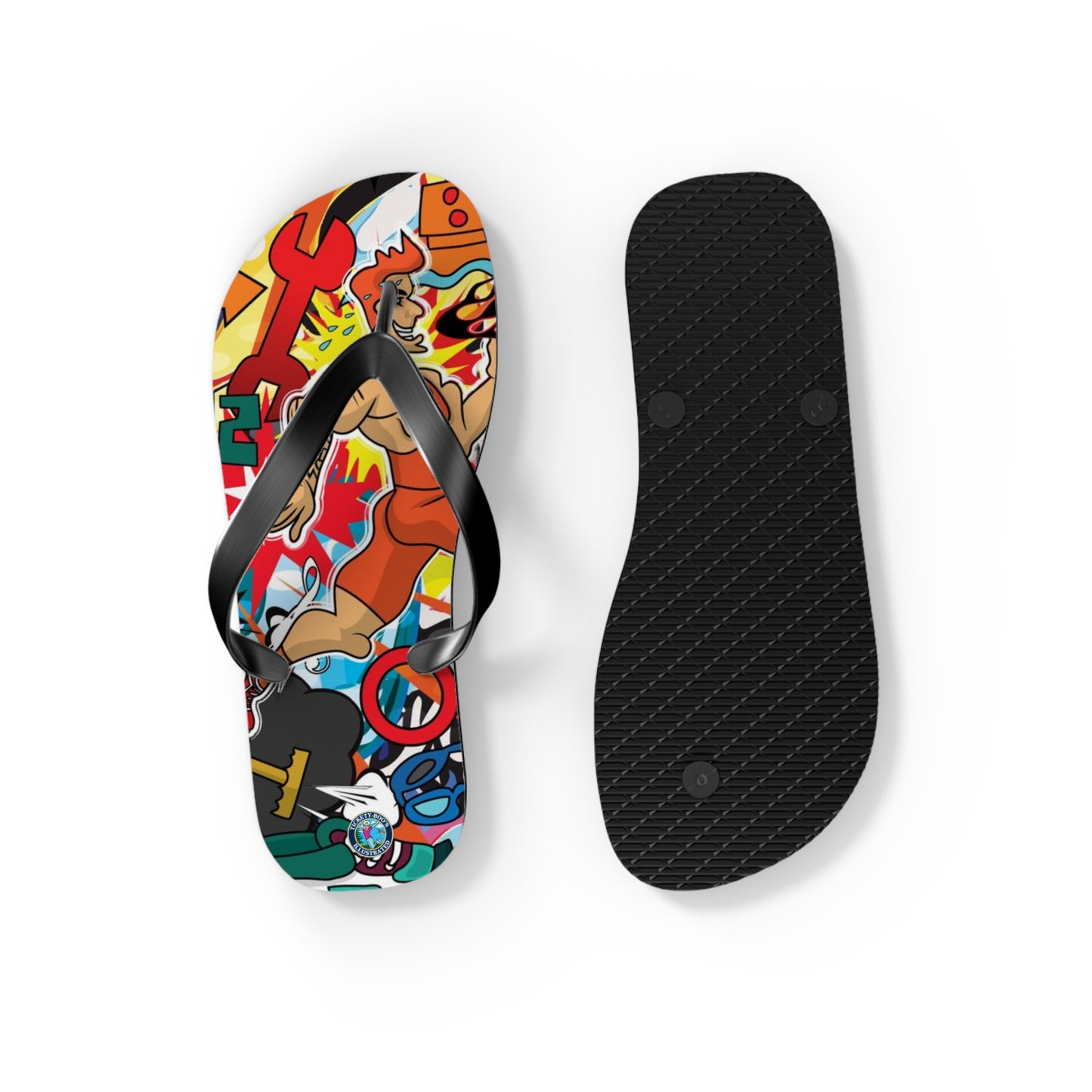 Colorful Macho Man Runner Finish Line Flip Flops | Whimsical Athletic Sandals