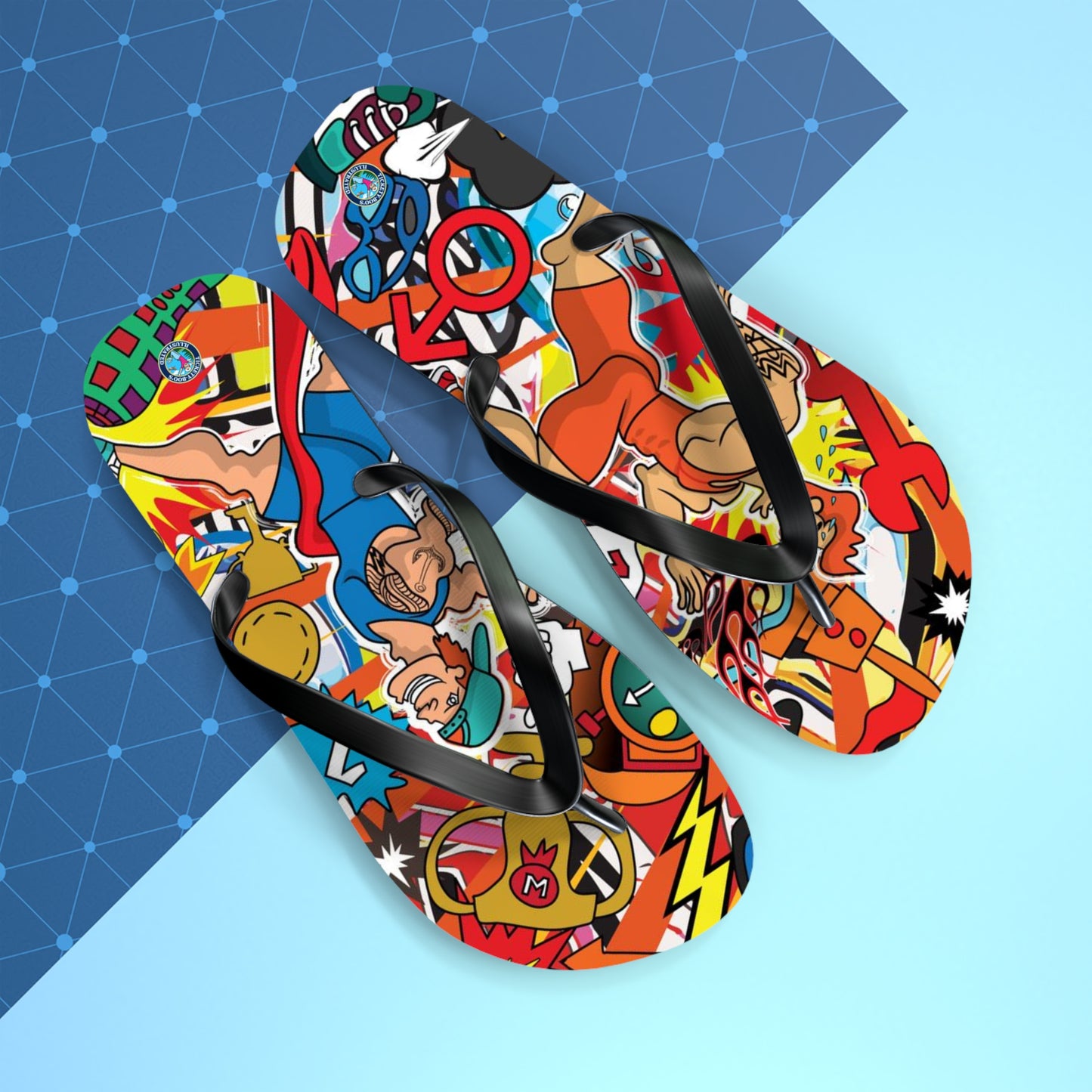 Colorful Macho Man Runner Finish Line Flip Flops | Whimsical Athletic Sandals