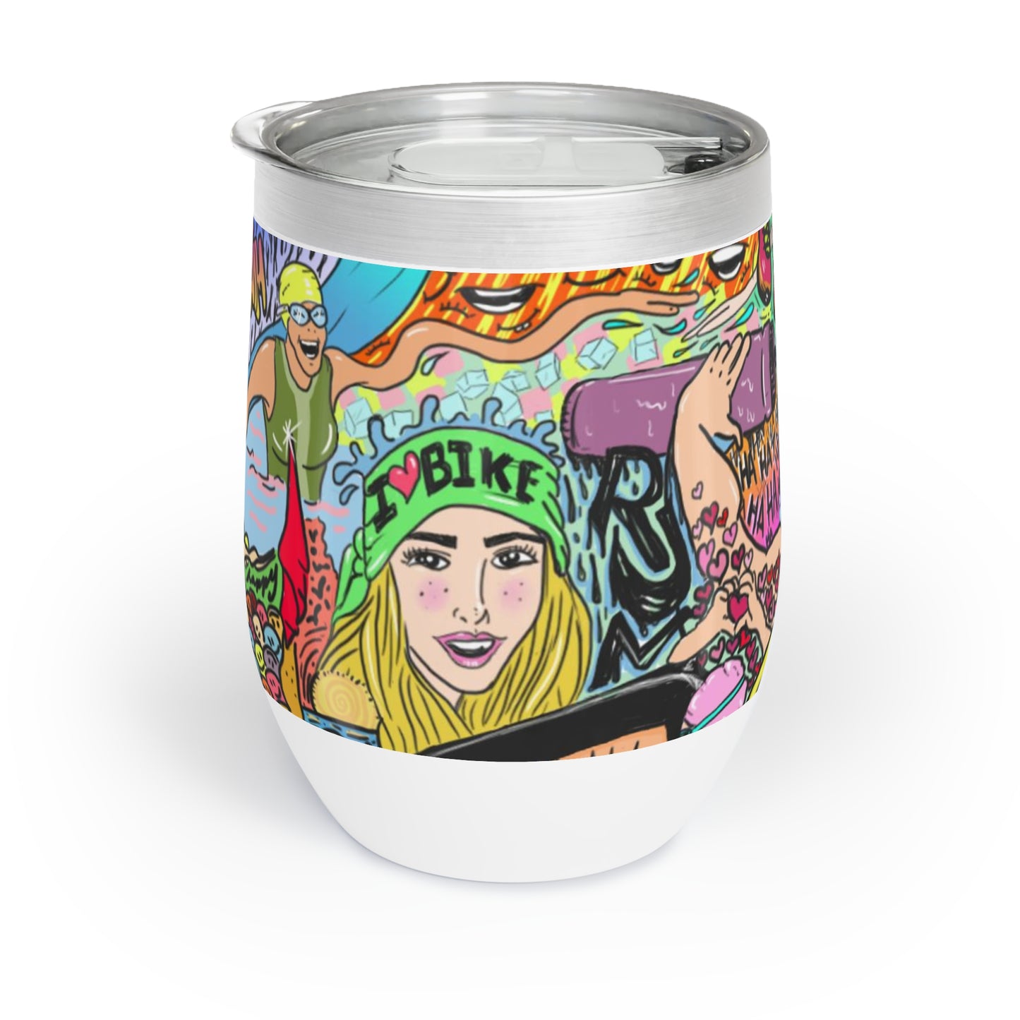 Stainless Steel Stemless Wine Tumbler - 12oz | Badass Women Triathletes Mural