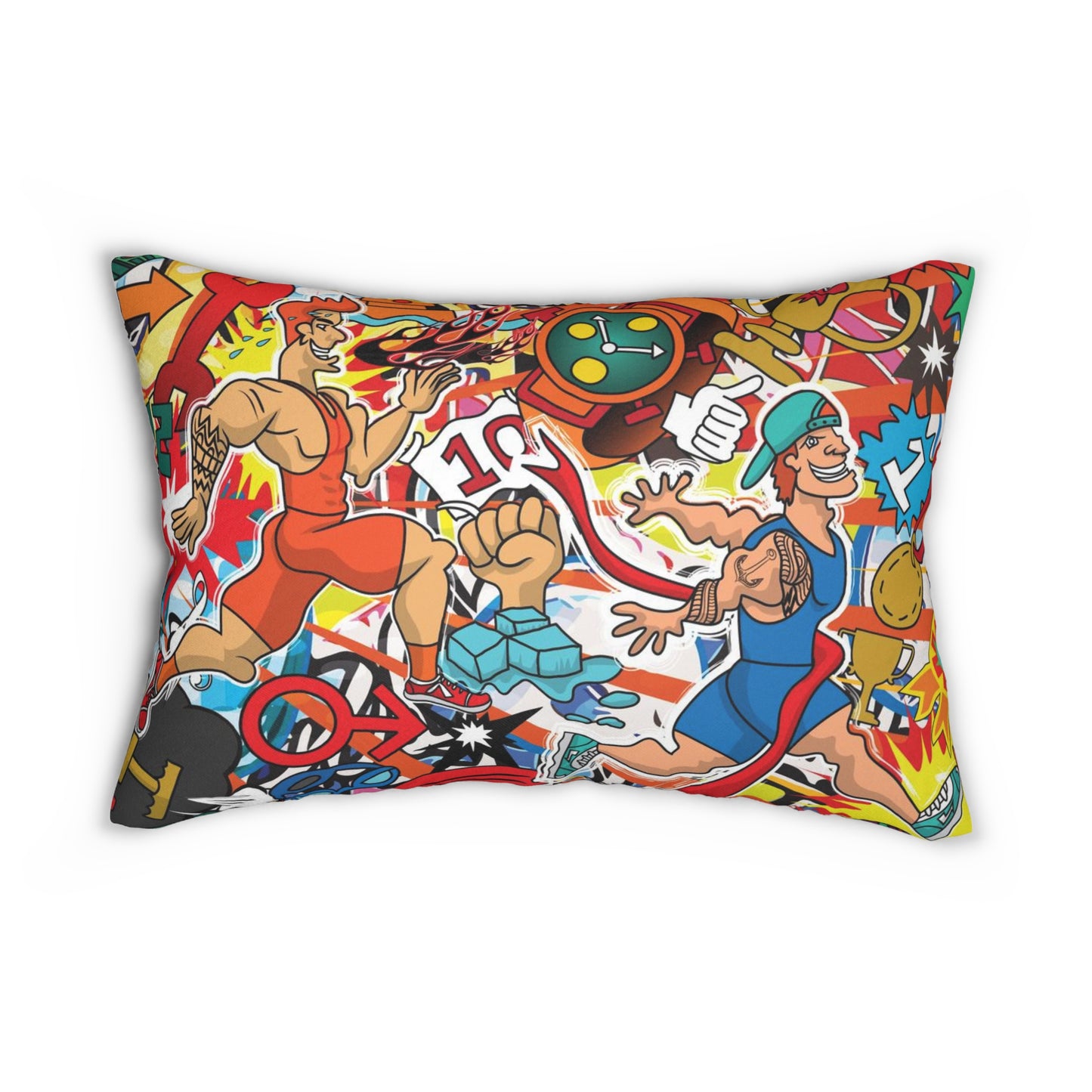 Whimsical Triathlon Lumbar Pillow | Macho Men Multisport Endurance Race Decor