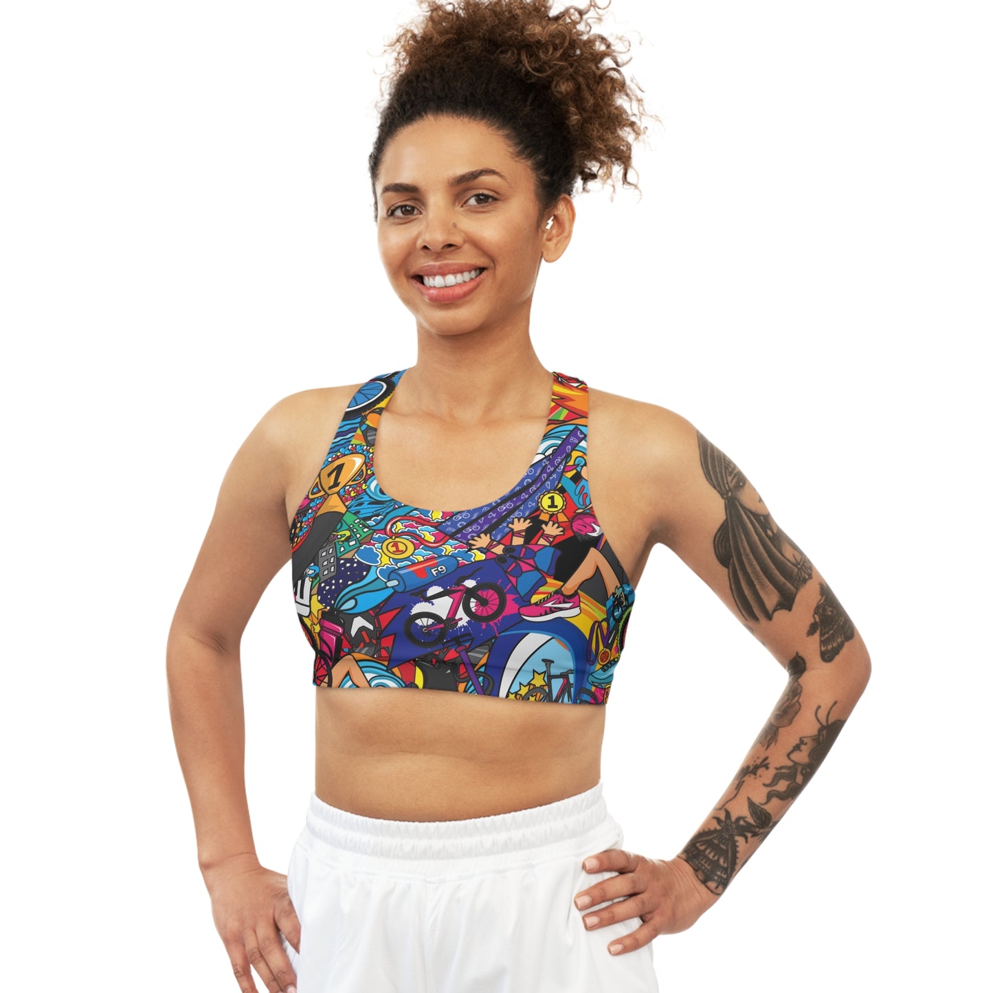 Womens Triathlon Themed Seamless Sports Bra, Woman Triathlete Racerback Sports Bra, Woman Triathlete Gift, Sports Athletic