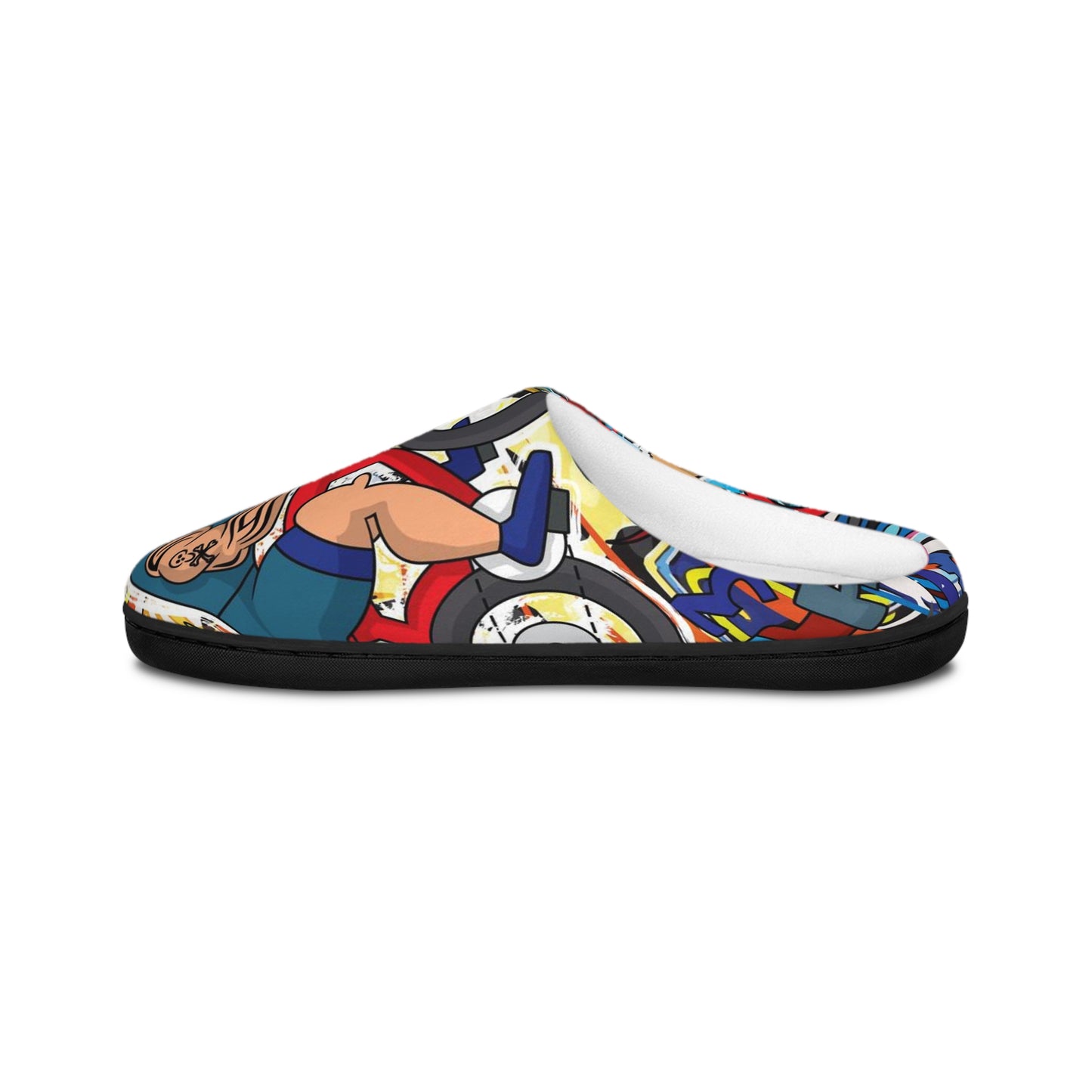 Macho Man Cyclist Flannel Fleece Slippers | Colorful & Comfy | Comic Caricature Style