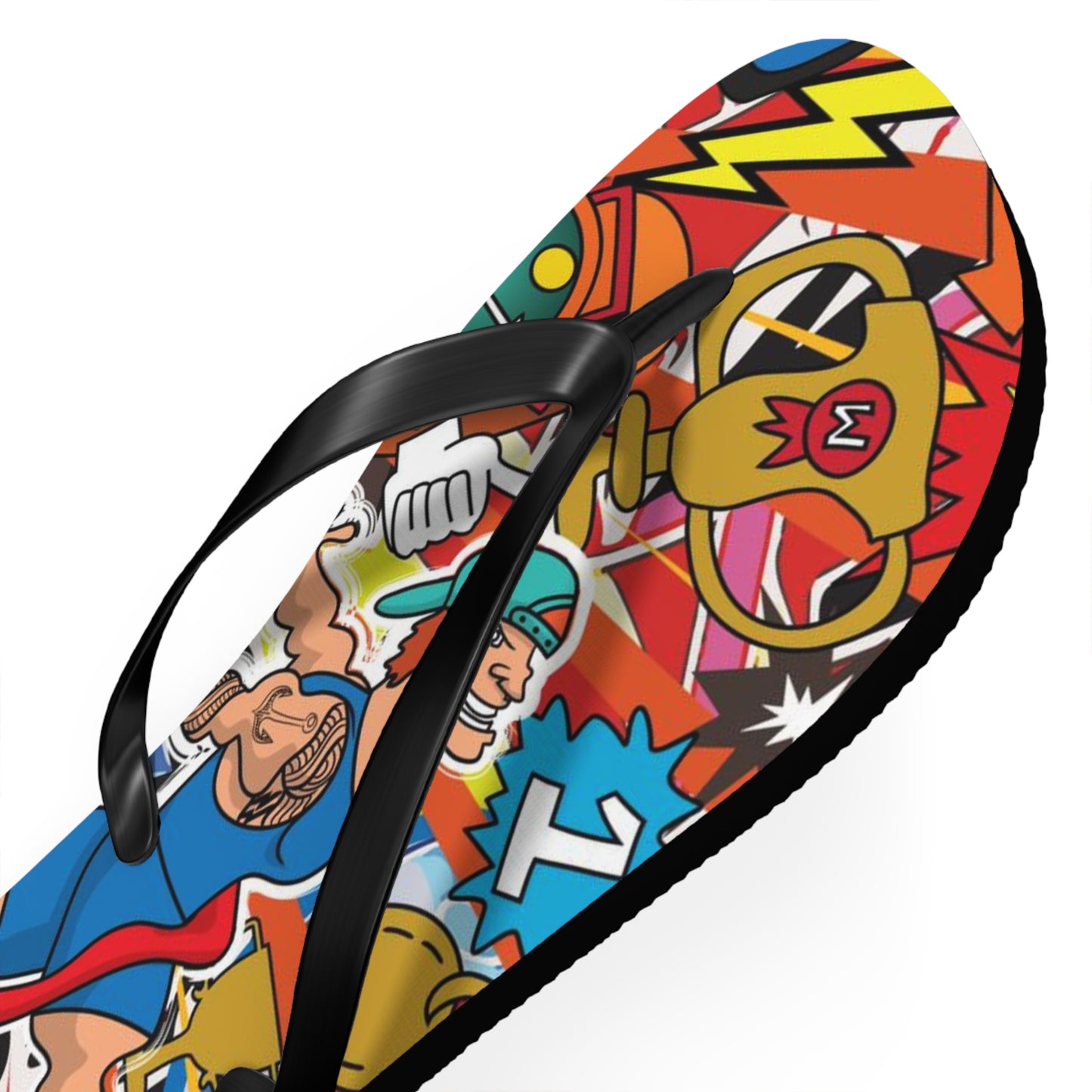 Colorful Macho Man Runner Finish Line Flip Flops | Whimsical Athletic Sandals