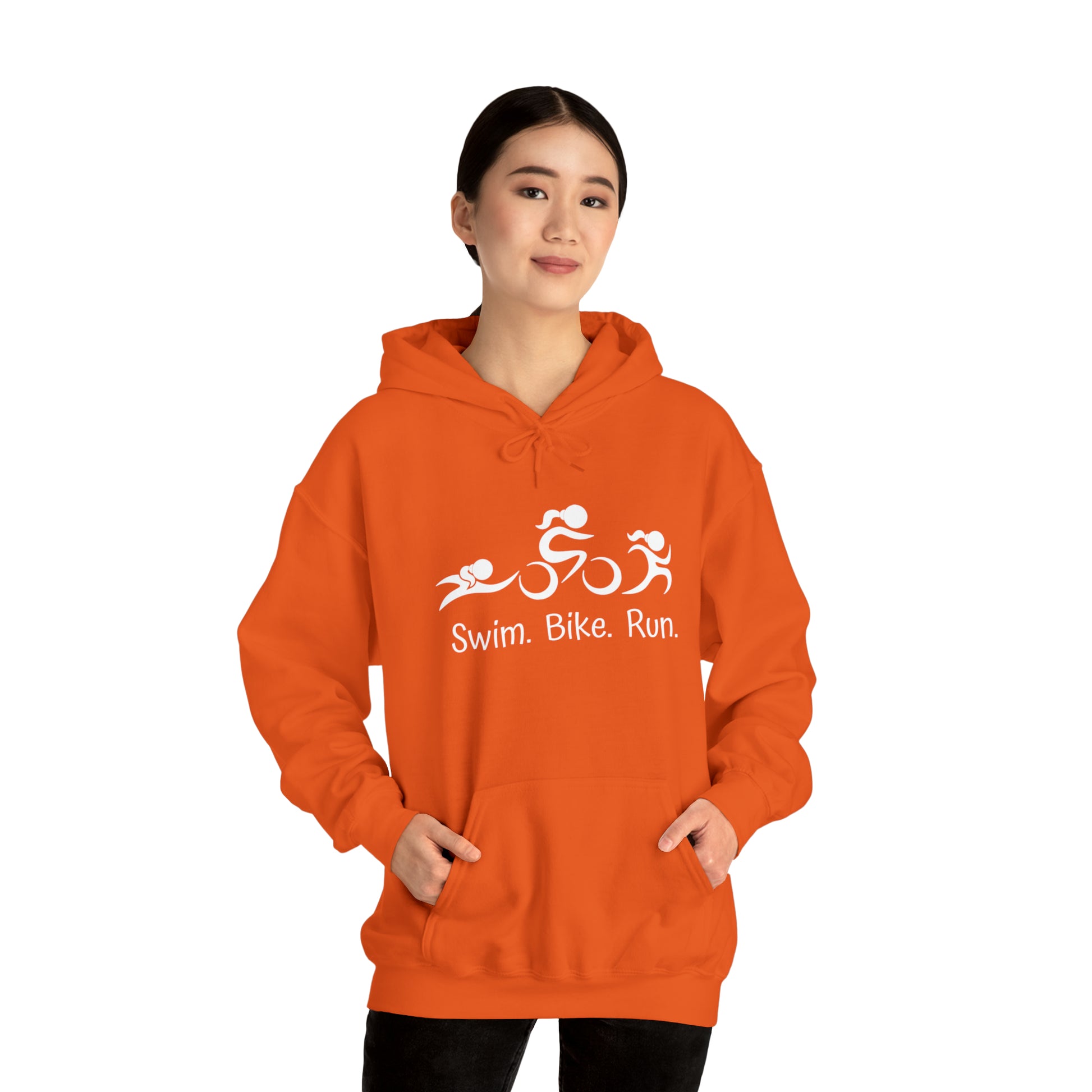 This is a swim bike run hooded sweatshirt with front kangaroo pockets with the words swim bike run printed on the front along with our women triathlon logos of swim bike run the logos show women in a pony tail which makes them different than the unisex or male oriented triathlon logos elsewhere.