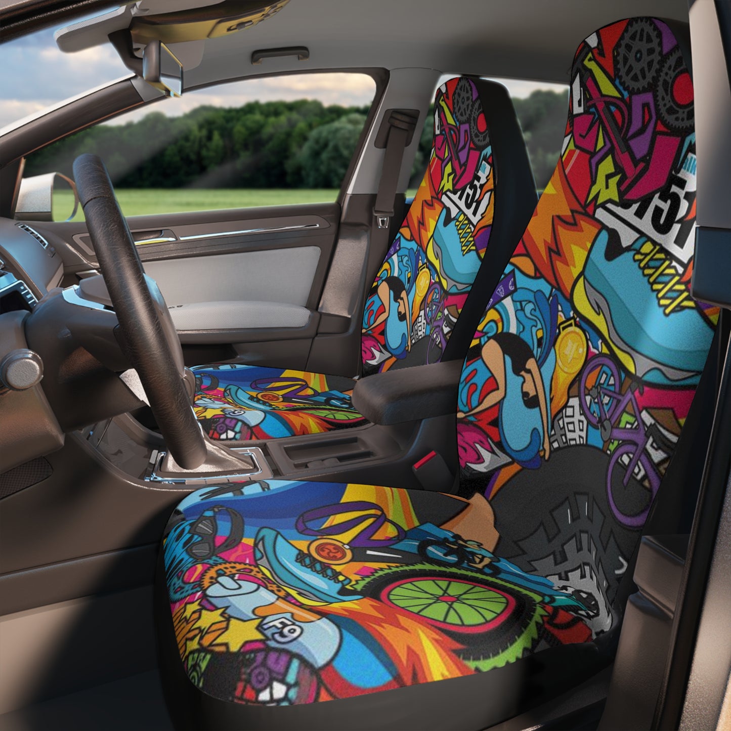 Whimsical Women's Triathlon Car Seat Covers | Swim, Bike, Run Design | Durable Polyester