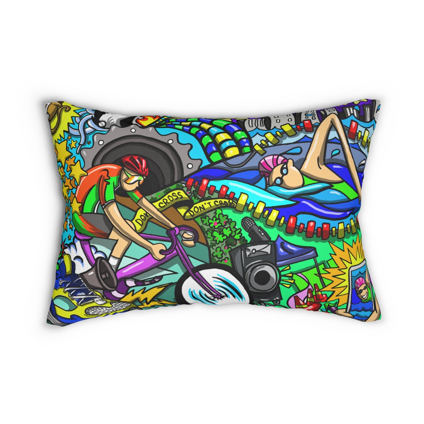 Colorful Triathlon Mural Lumbar Pillow | Multisport Endurance Race Decor