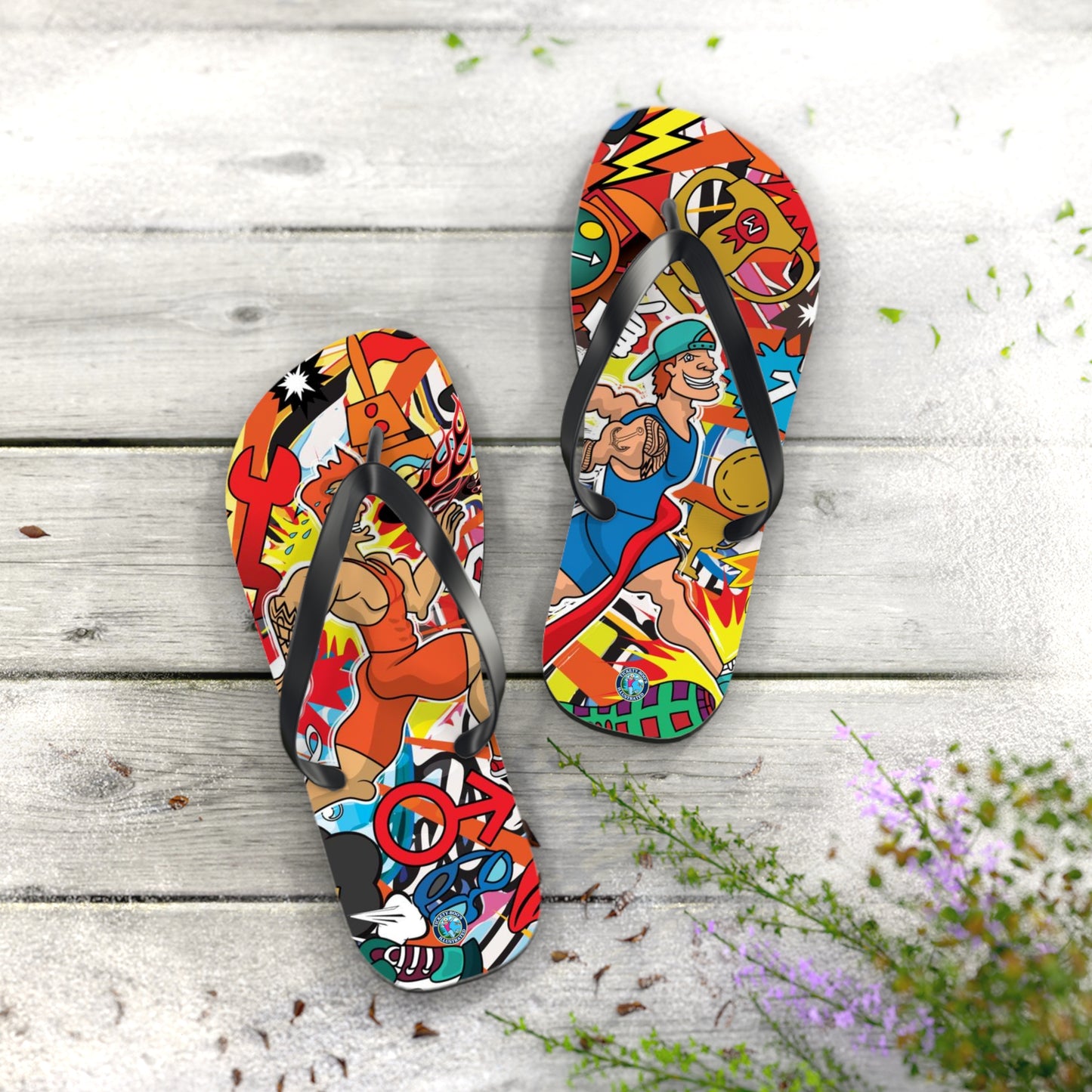 Colorful Macho Man Runner Finish Line Flip Flops | Whimsical Athletic Sandals