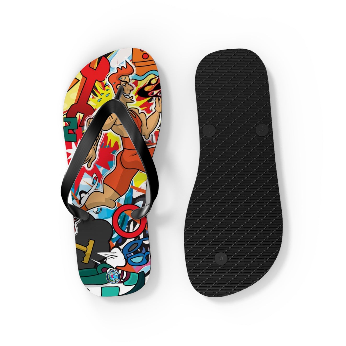 Colorful Macho Man Runner Finish Line Flip Flops | Whimsical Athletic Sandals