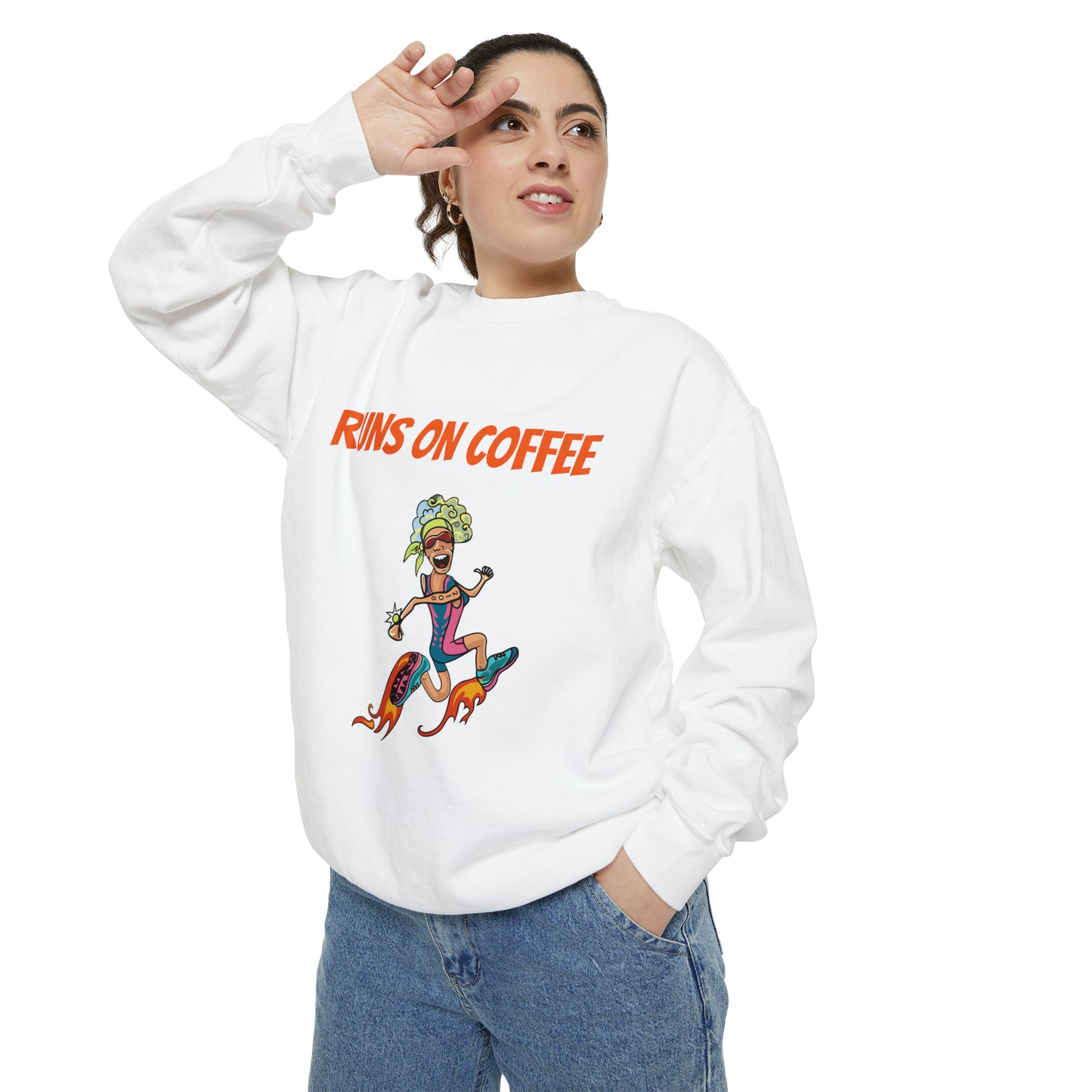 Runs on Coffee Whimsical Sweatshirt - Fuel Your Laughter and Warmth With Our Comfort Colors Funny Runner Sweatshirt