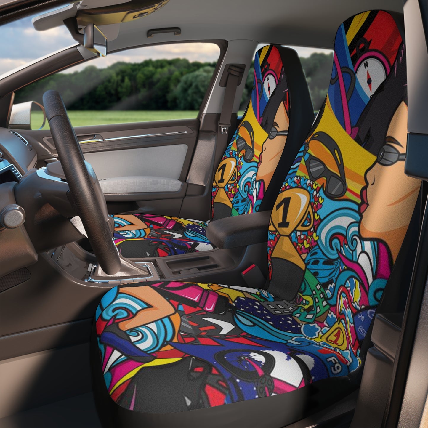 Whimsical Women's Triathlon Car Seat Covers | Colorful Sports Theme | Durable Polyester Fabric