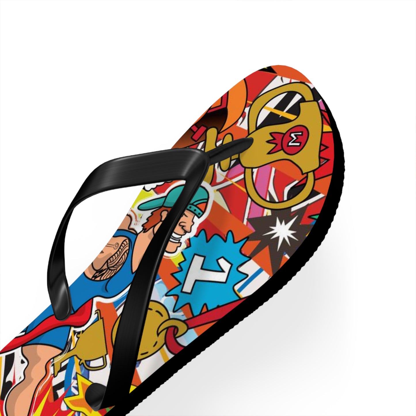 Colorful Macho Man Runner Finish Line Flip Flops | Whimsical Athletic Sandals