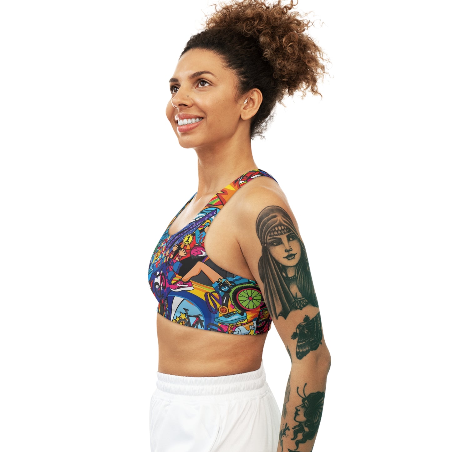 Womens Triathlon Themed Seamless Sports Bra, Woman Triathlete Racerback Sports Bra, Woman Triathlete Gift, Sports Athletic