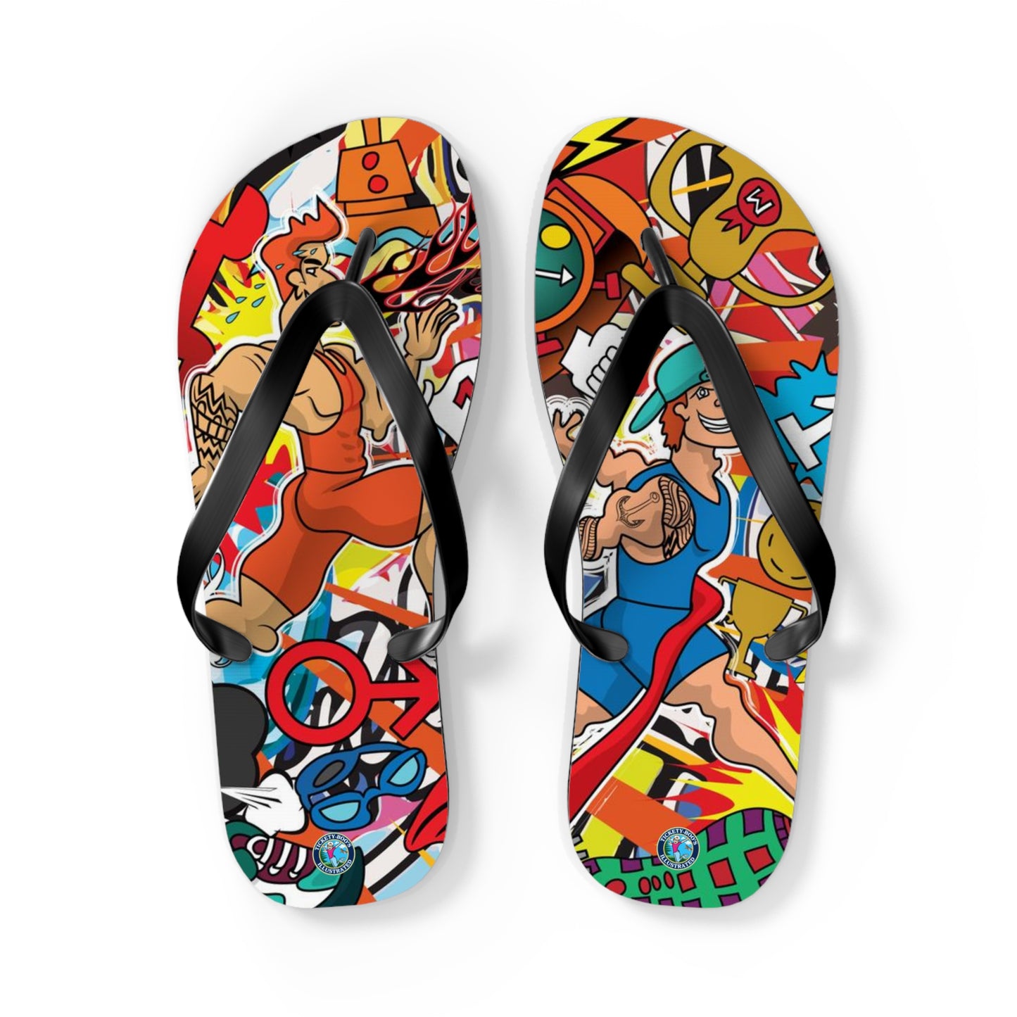 Colorful Macho Man Runner Finish Line Flip Flops | Whimsical Athletic Sandals