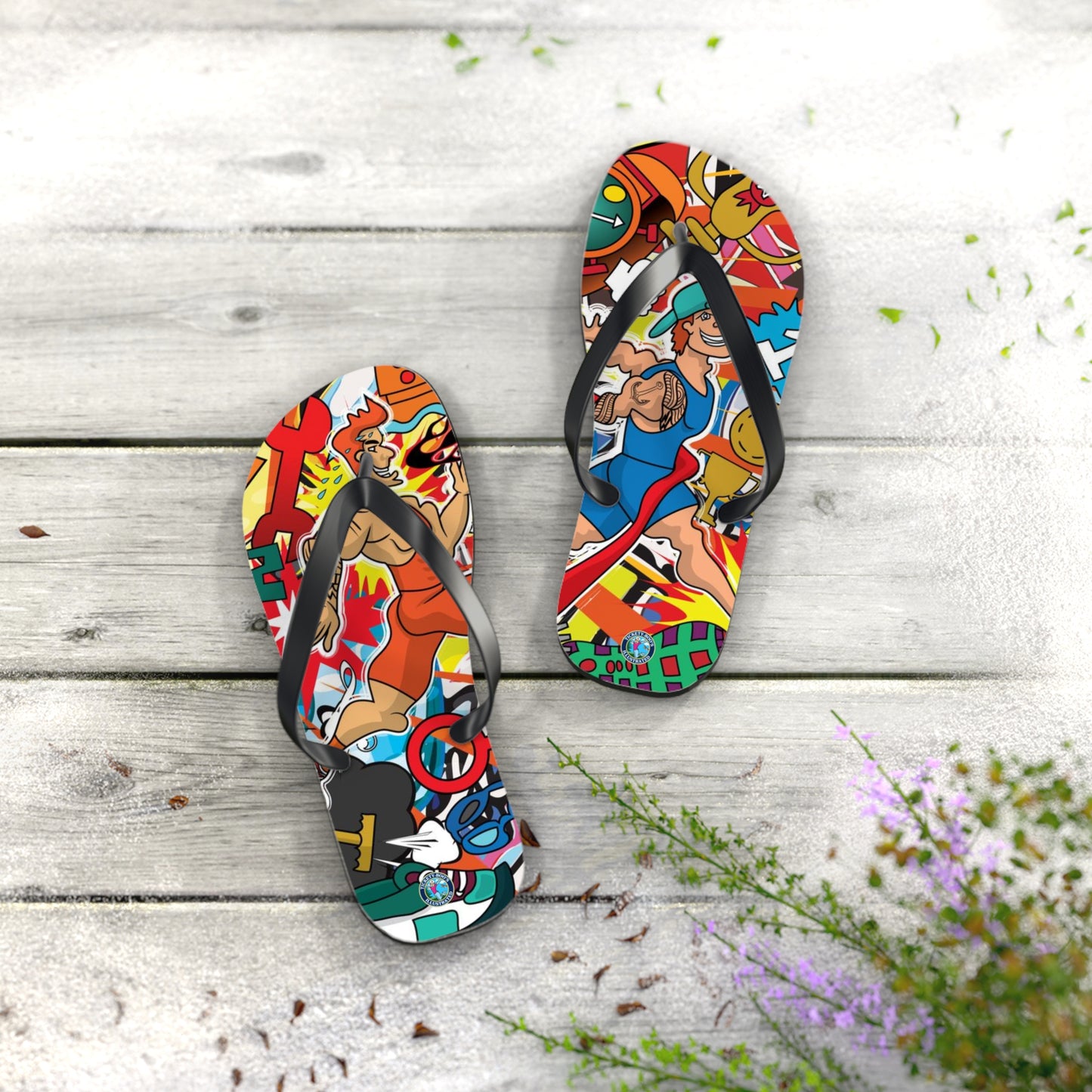 Colorful Macho Man Runner Finish Line Flip Flops | Whimsical Athletic Sandals