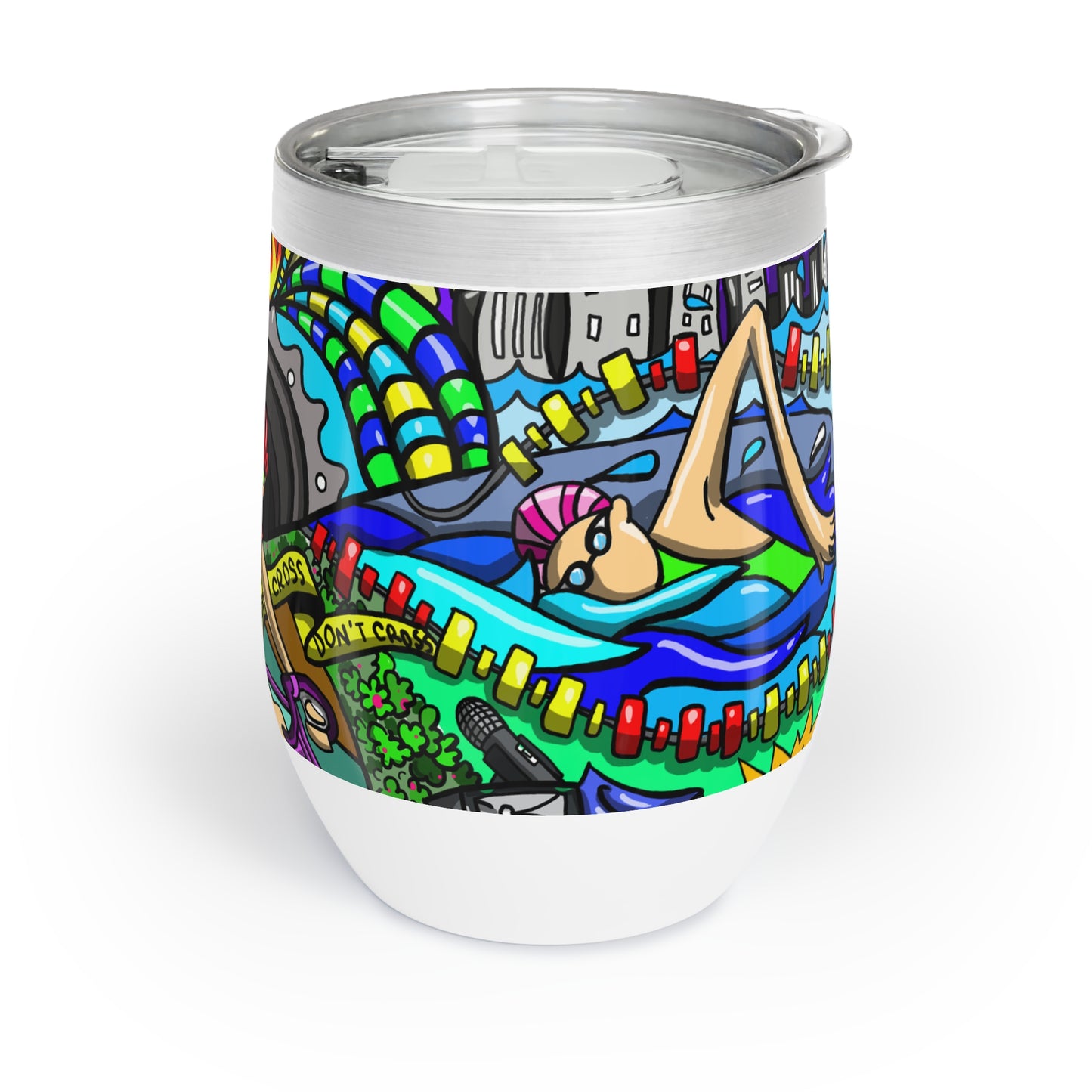 12oz Stainless Steel Stemless Wine Tumbler - Triathlete Mural Design - Insulated for 12 Hours Cold & 6 Hours Hot - BPA-Free Lid