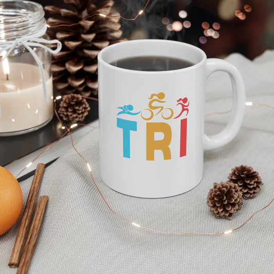 Women's Triathlete Coffee Mug | Swim, Bike, Run Logo | Retro TRI Letters