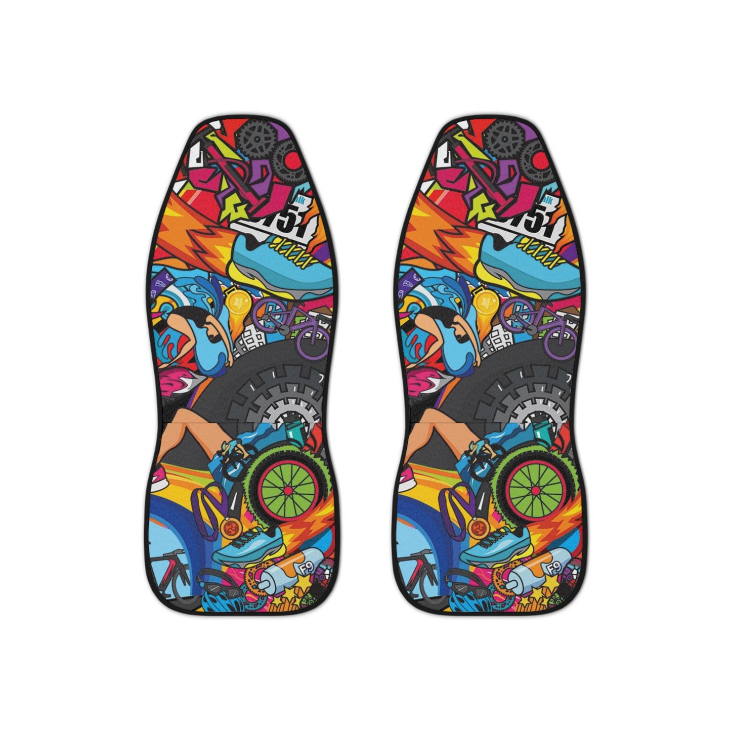 Whimsical Women's Triathlon Car Seat Covers | Swim, Bike, Run Design | Durable Polyester