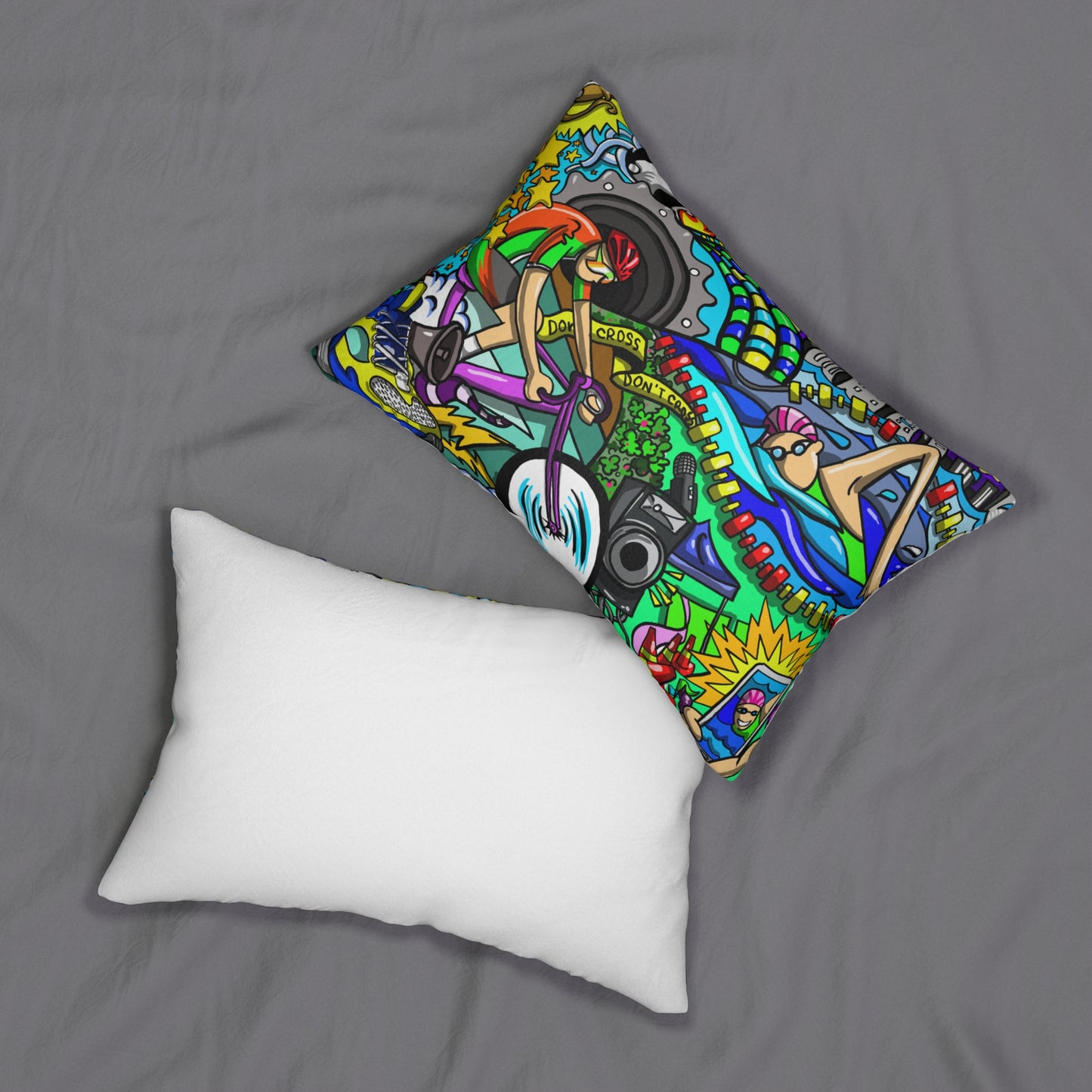 Colorful Triathlon Mural Lumbar Pillow | Multisport Endurance Race Decor