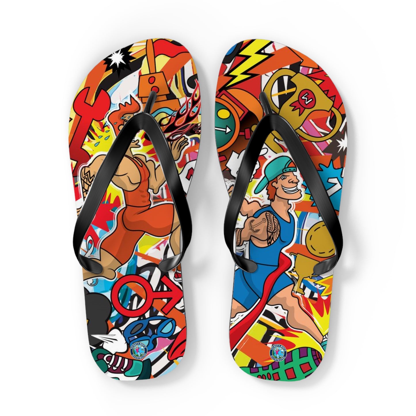 Colorful Macho Man Runner Finish Line Flip Flops | Whimsical Athletic Sandals