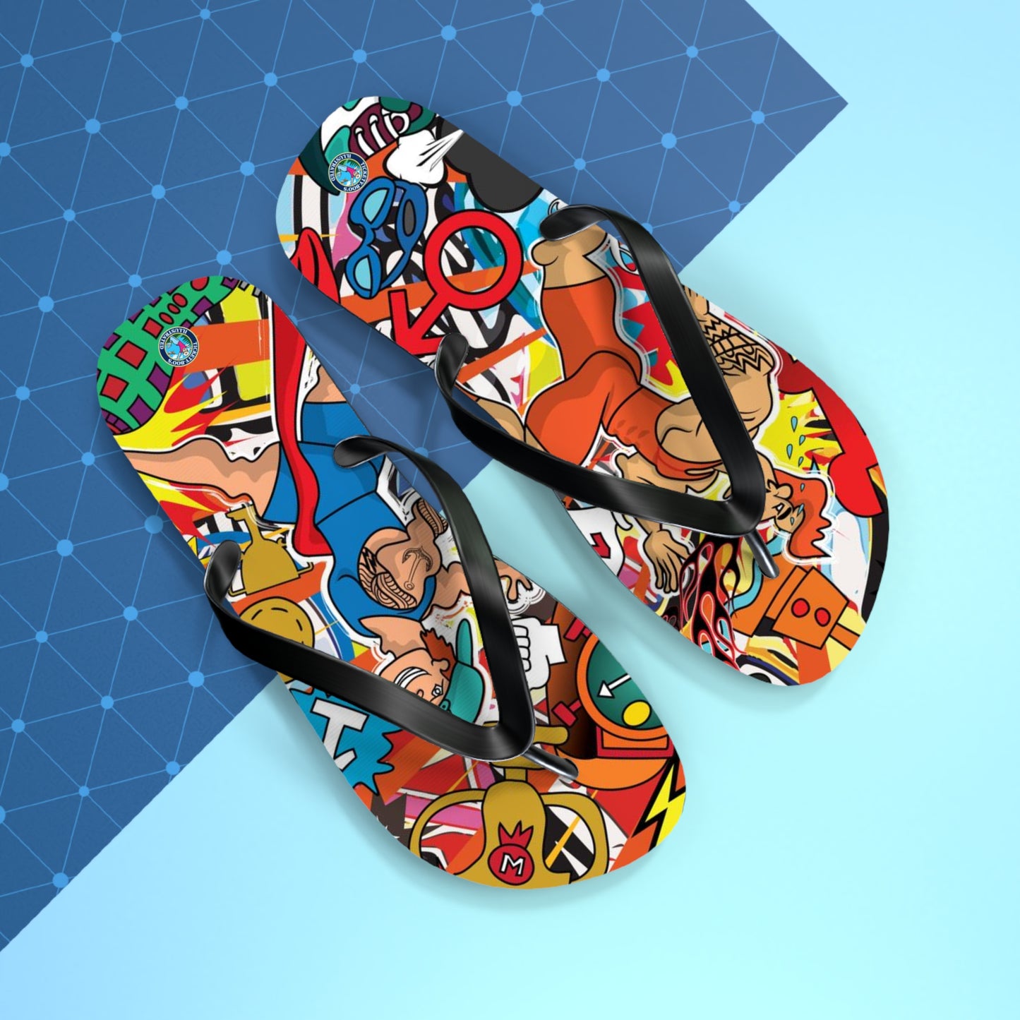 Colorful Macho Man Runner Finish Line Flip Flops | Whimsical Athletic Sandals