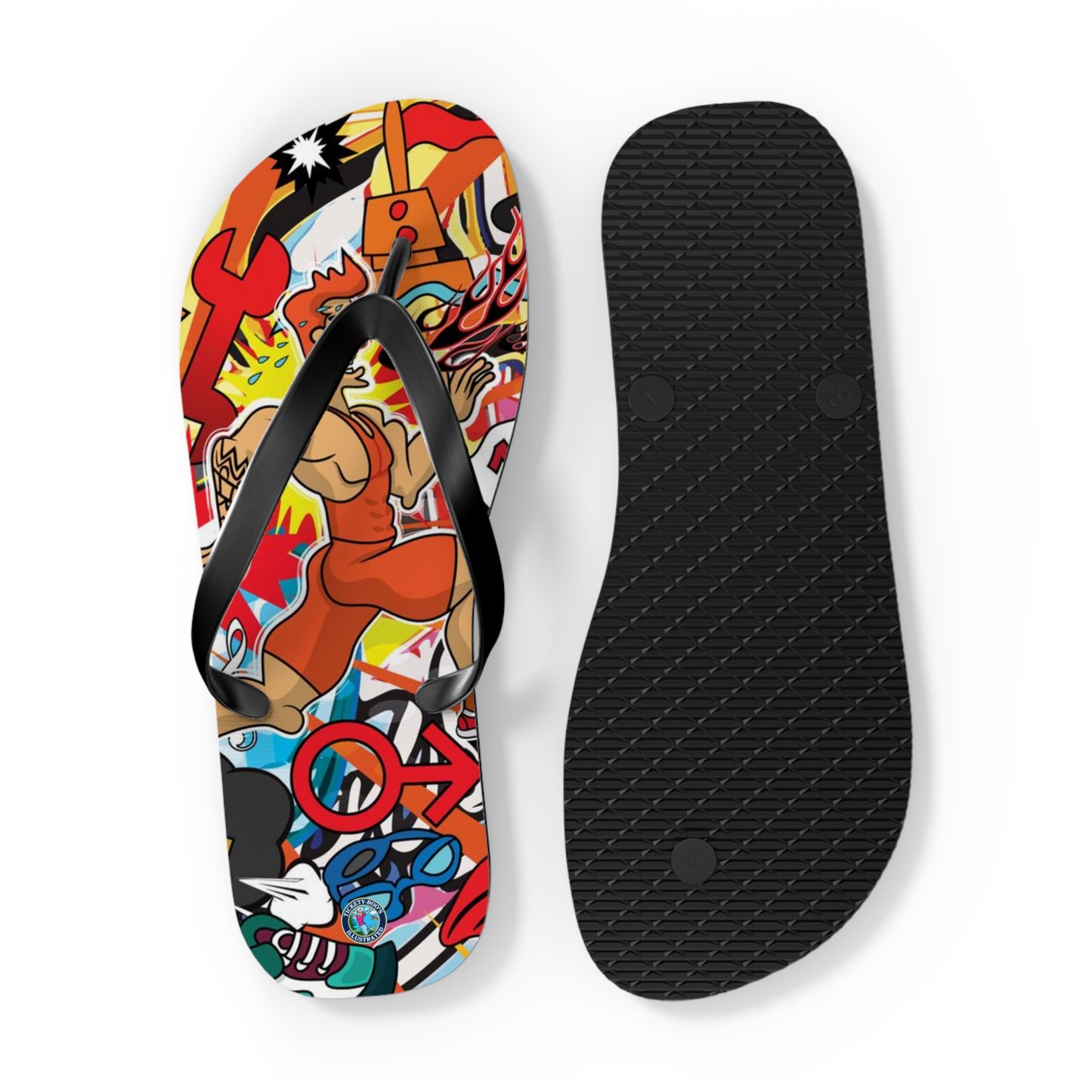 Colorful Macho Man Runner Finish Line Flip Flops | Whimsical Athletic Sandals