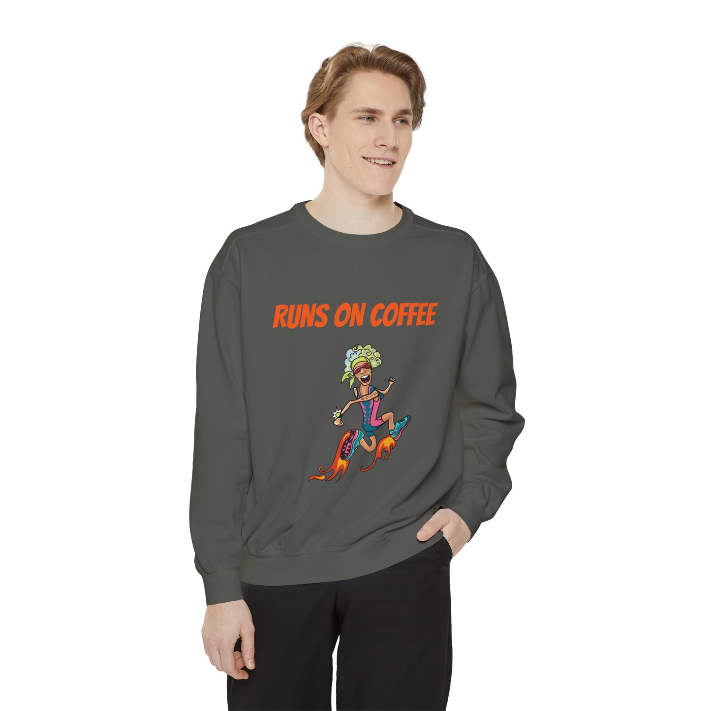 This is our funny fast runner who runs on coffee sweatshirt design that is printed on a solid color sweatshirt the whimsical design shows a runner running so fast that flames shoot out from the back of his shoes.