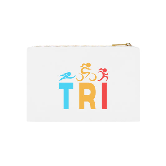 Triathlon-Themed Cosmetic Bag | Feminine Swim, Bike, Run Logos | Gold Colored Zipper