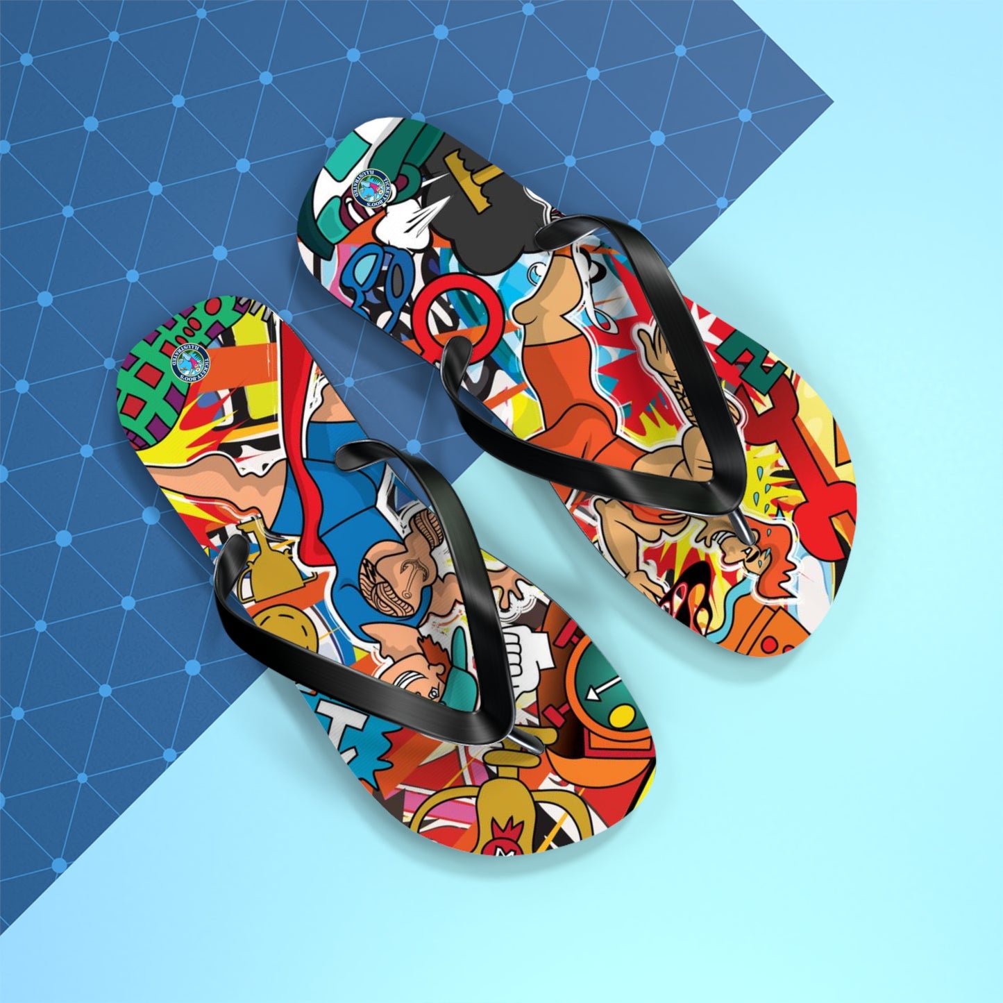 Colorful Macho Man Runner Finish Line Flip Flops | Whimsical Athletic Sandals