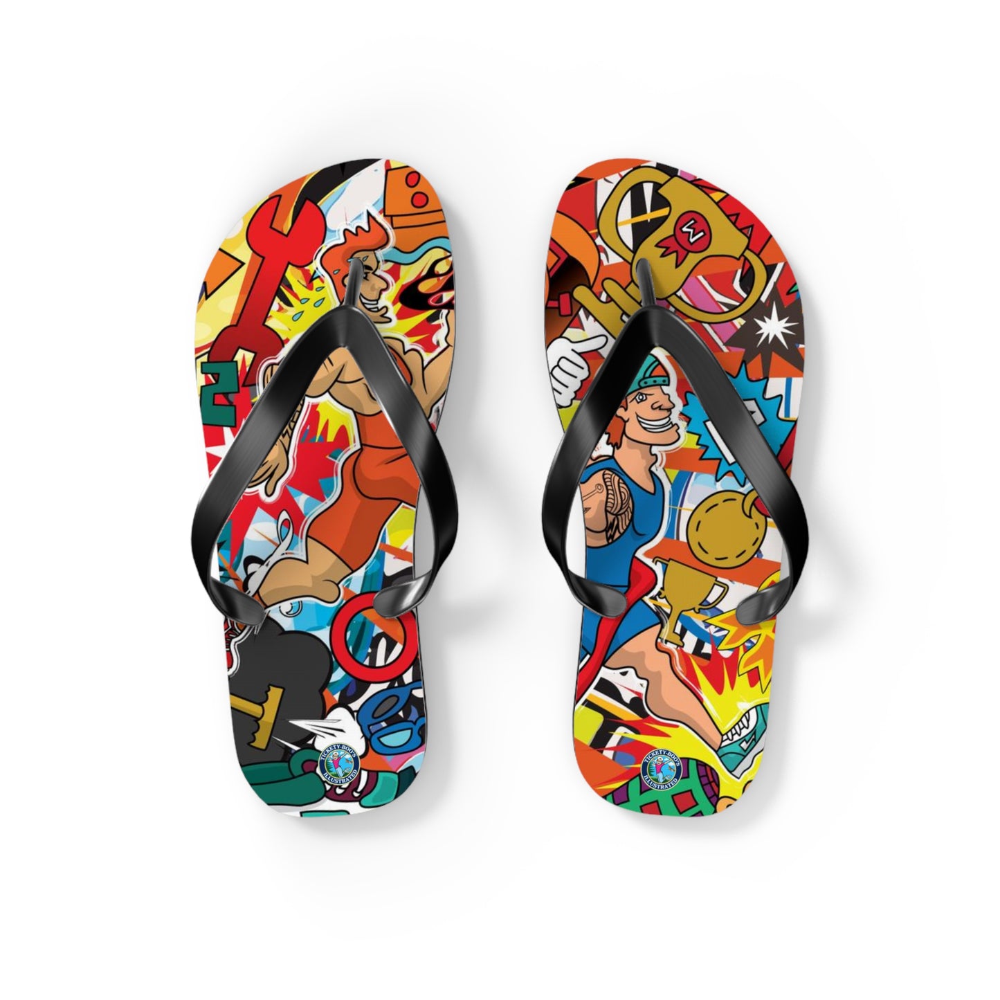 Colorful Macho Man Runner Finish Line Flip Flops | Whimsical Athletic Sandals