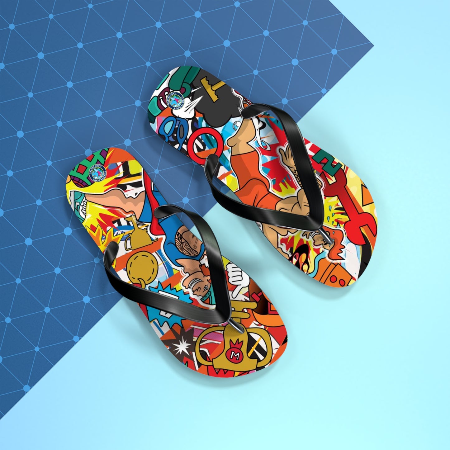 Colorful Macho Man Runner Finish Line Flip Flops | Whimsical Athletic Sandals