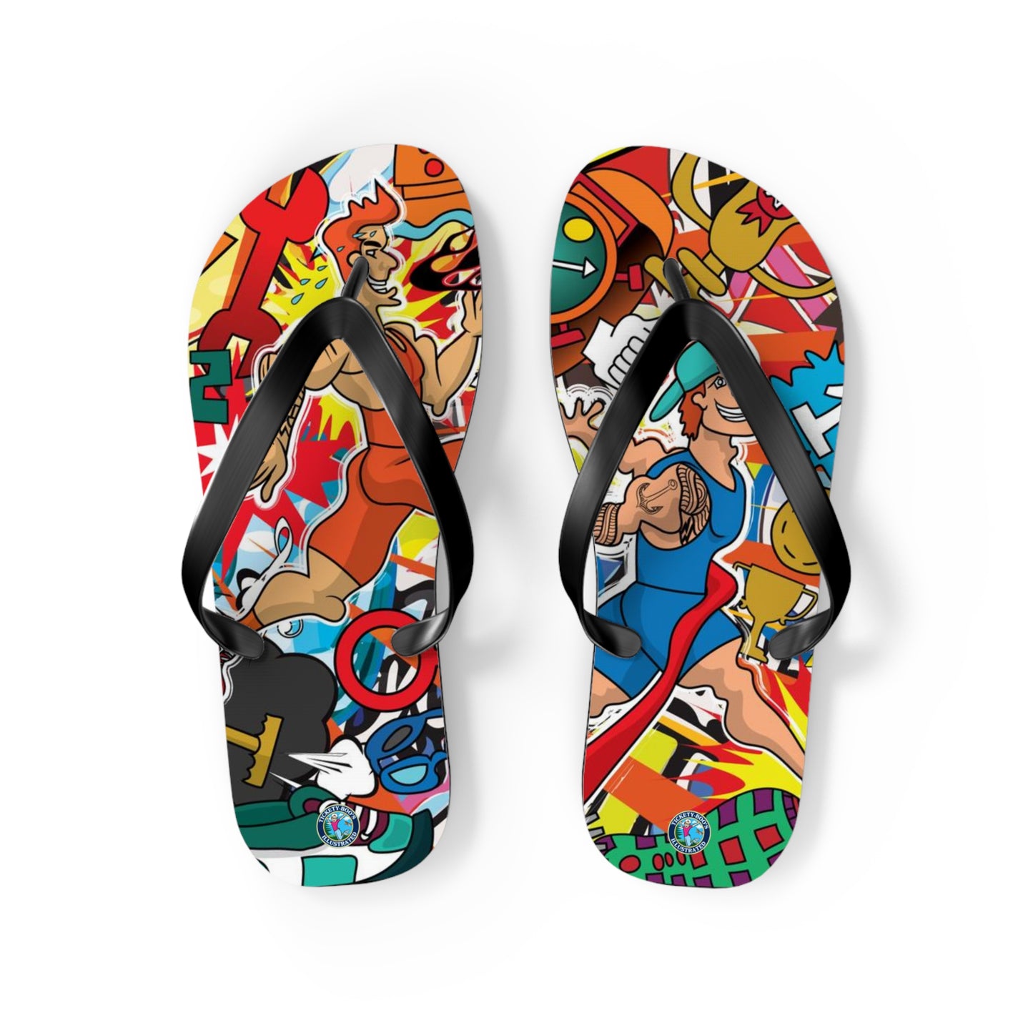 Colorful Macho Man Runner Finish Line Flip Flops | Whimsical Athletic Sandals