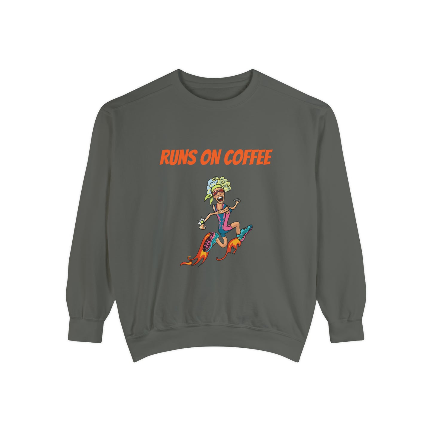 Runs on Coffee Whimsical Sweatshirt - Fuel Your Laughter and Warmth With Our Comfort Colors Funny Runner Sweatshirt