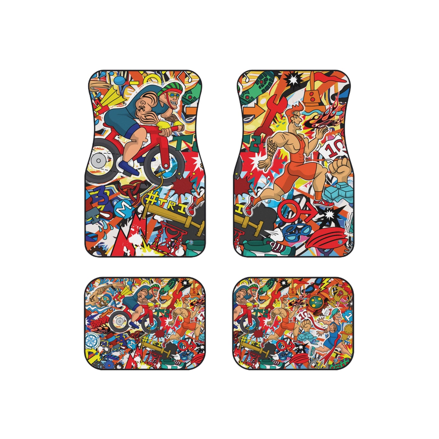 Colorful and Whimsical Triathlon Car Mats Set | Multisport Endurance Race Humor