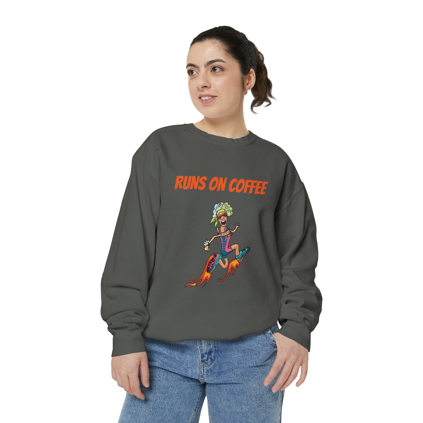 Runs on Coffee Whimsical Sweatshirt - Fuel Your Laughter and Warmth With Our Comfort Colors Funny Runner Sweatshirt