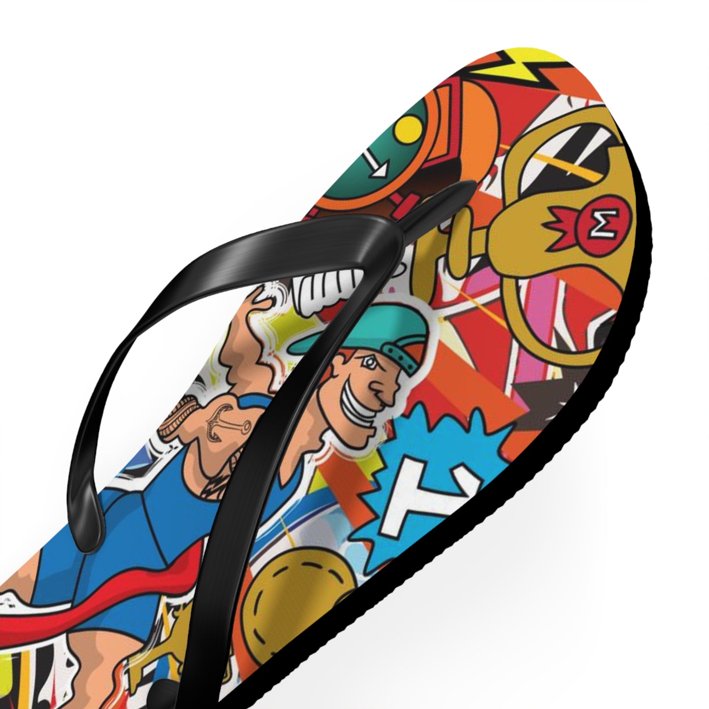 Colorful Macho Man Runner Finish Line Flip Flops | Whimsical Athletic Sandals