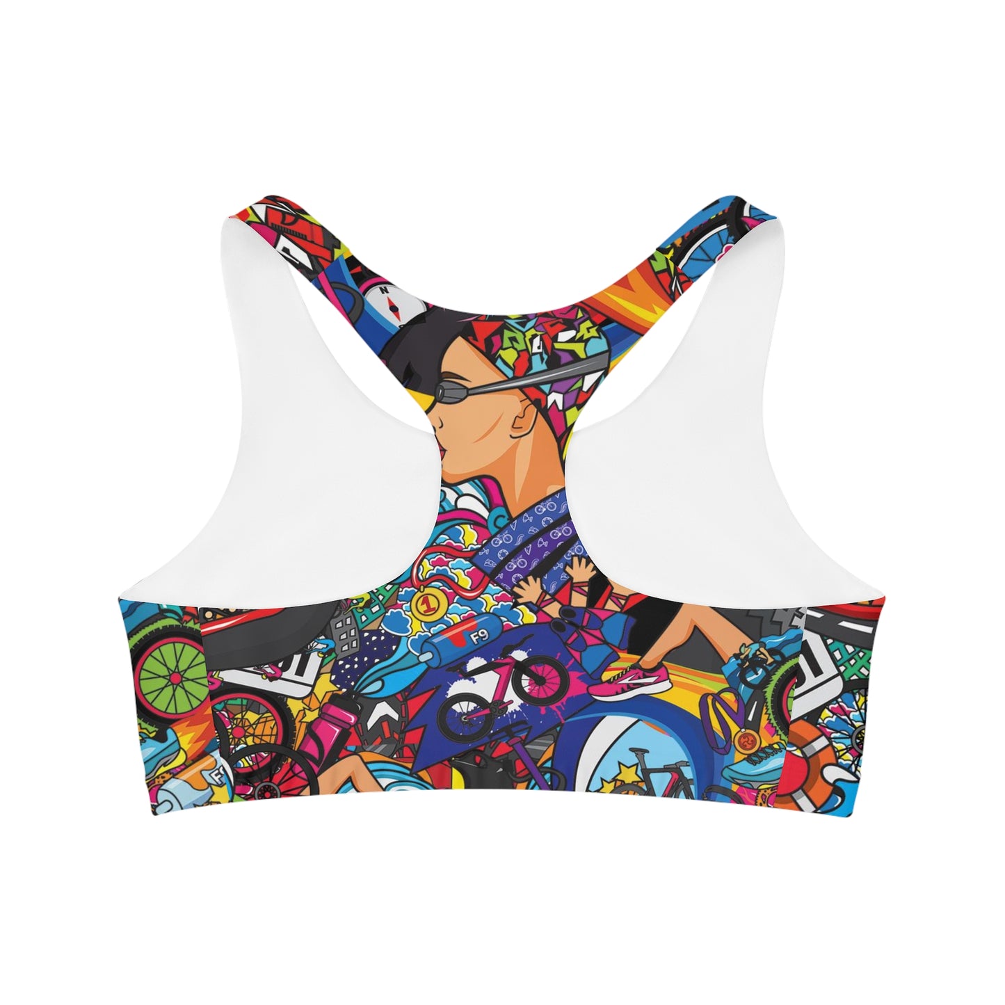 Womens Triathlon Themed Seamless Sports Bra, Woman Triathlete Racerback Sports Bra, Woman Triathlete Gift, Sports Athletic