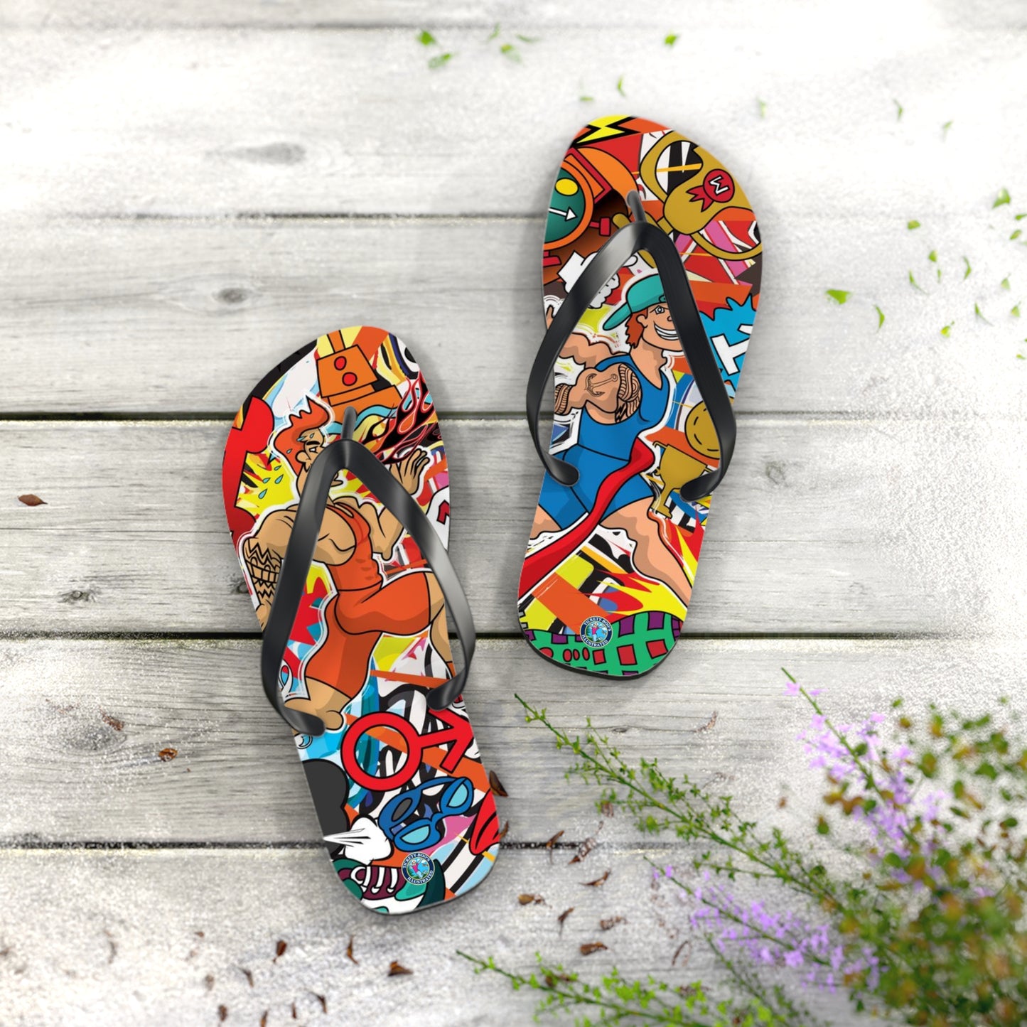 Colorful Macho Man Runner Finish Line Flip Flops | Whimsical Athletic Sandals