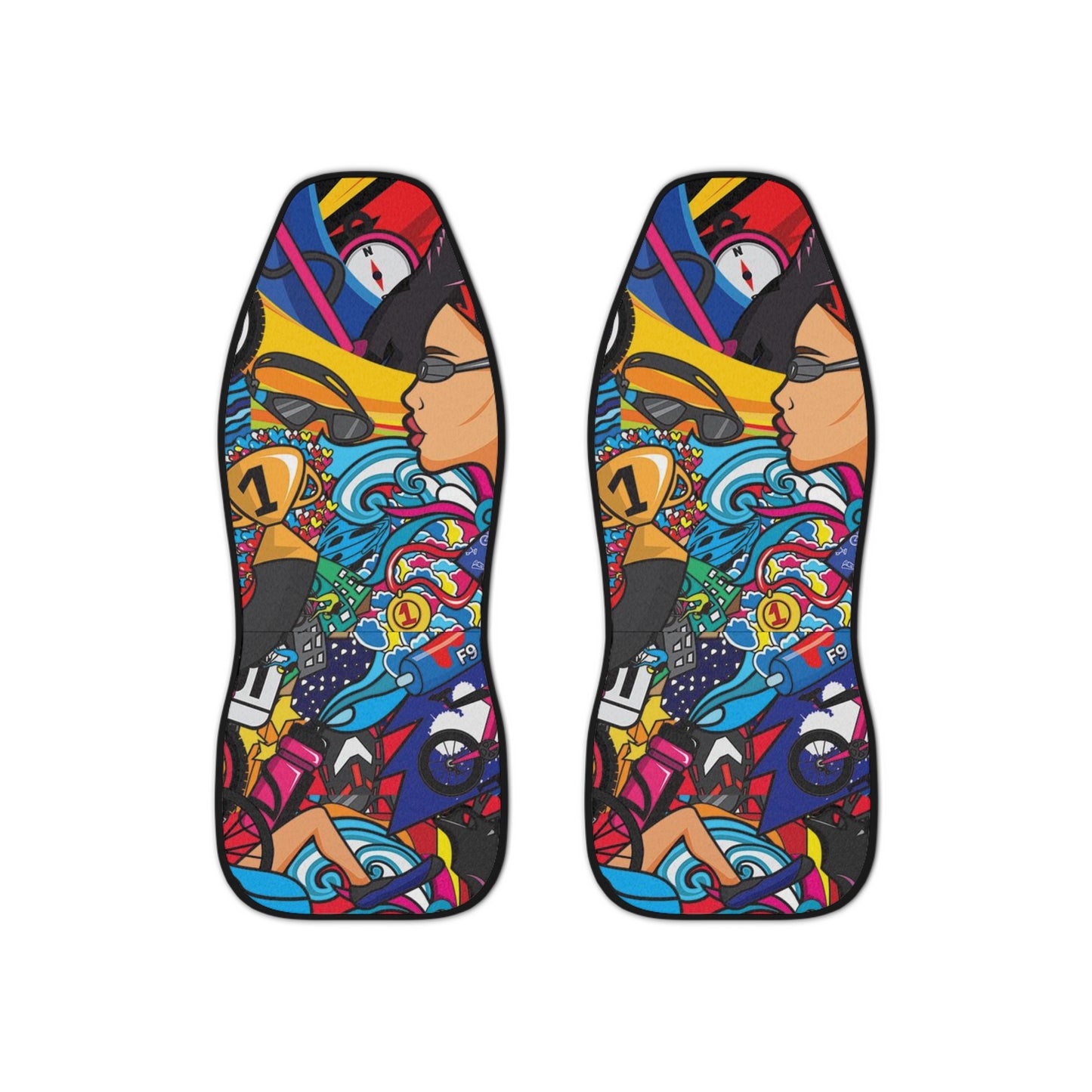 Whimsical Women's Triathlon Car Seat Covers | Colorful Sports Theme | Durable Polyester Fabric