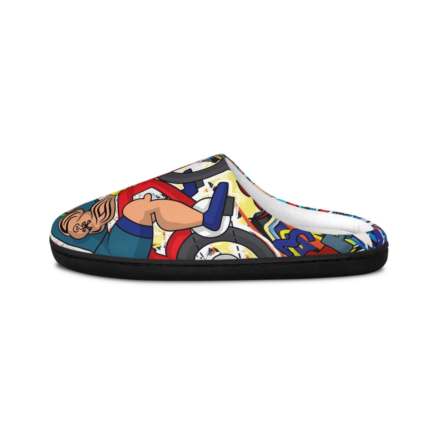 Macho Man Cyclist Flannel Fleece Slippers | Colorful & Comfy | Comic Caricature Style