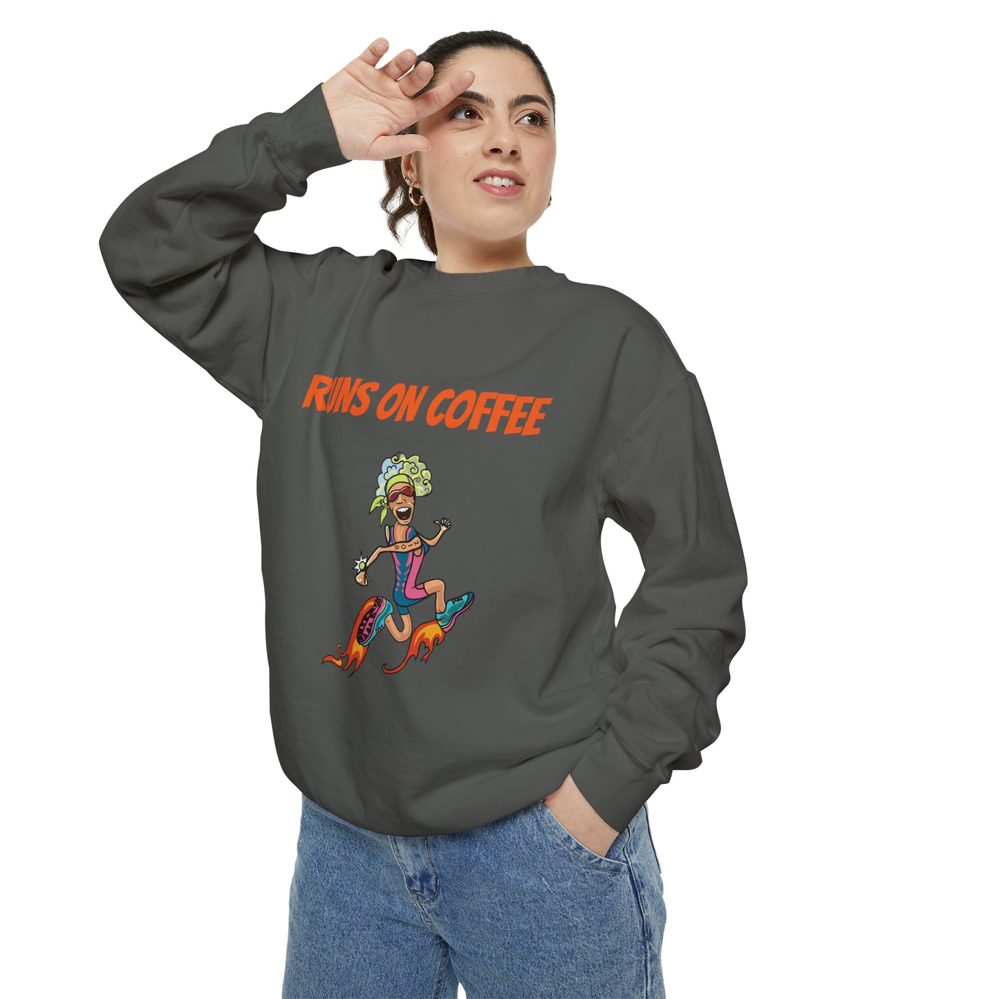 Runs on Coffee Whimsical Sweatshirt - Fuel Your Laughter and Warmth With Our Comfort Colors Funny Runner Sweatshirt